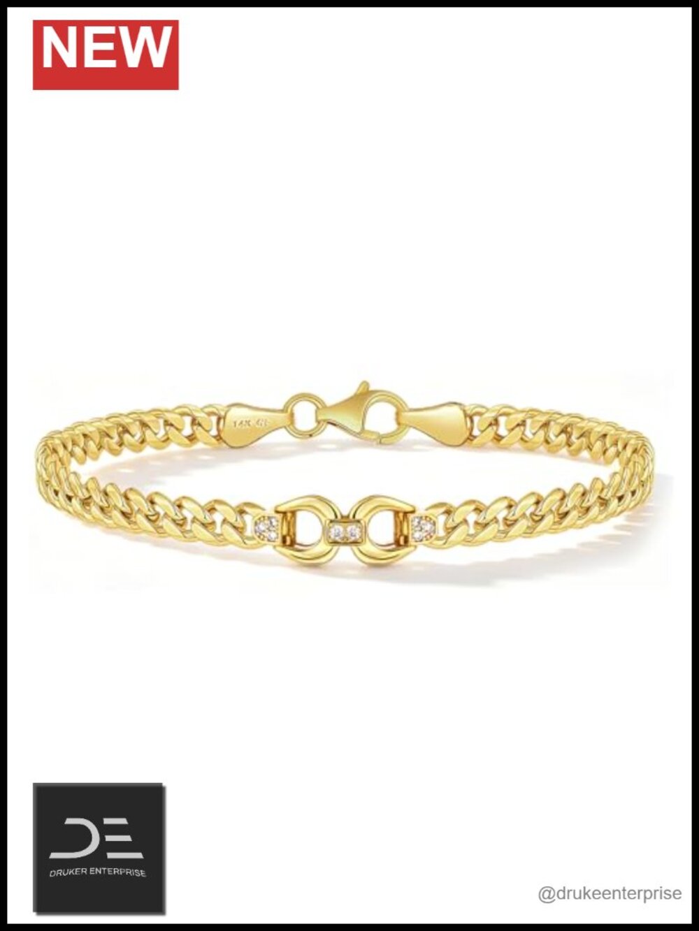 14K Gold Filled Cuban Link Bracelet Double Horseshoe CZ Charm